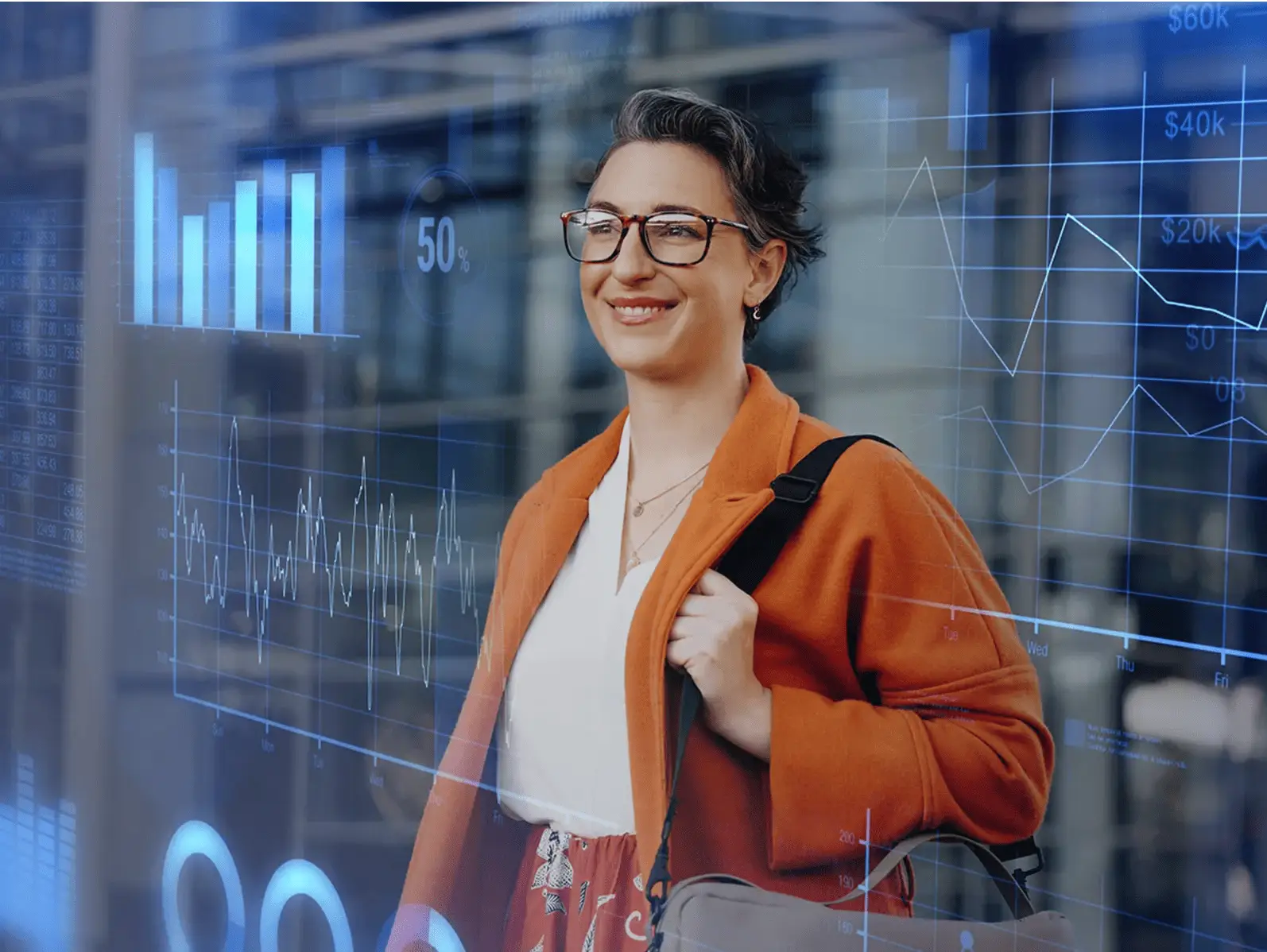 Person smiling, holding a bag, with digital data charts and graphs overlay in an urban setting.